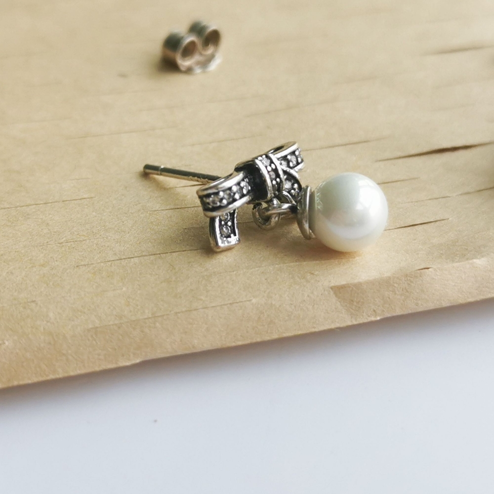 Pandora Silver Sparkling Bow Pearl Drop Earrings